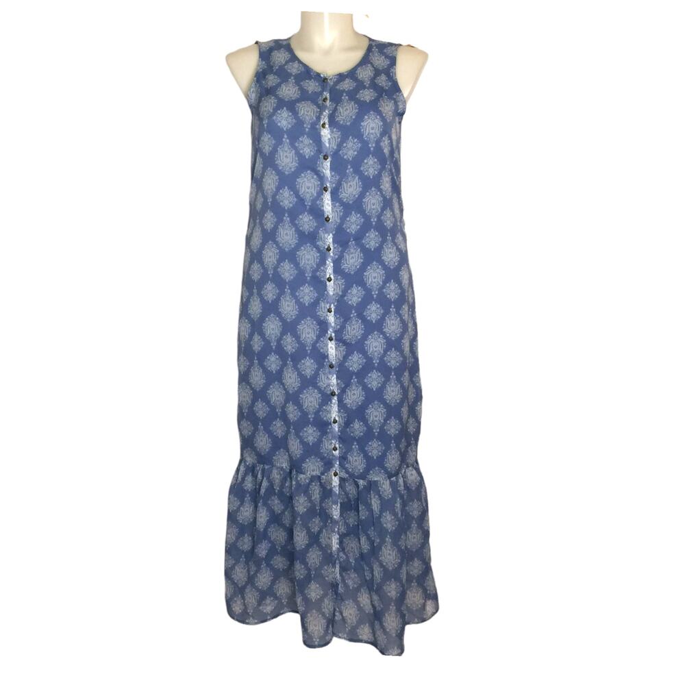 Vintage Lucky Brand Blue Block Print Button Front Maxi Dress Size Medium Boho